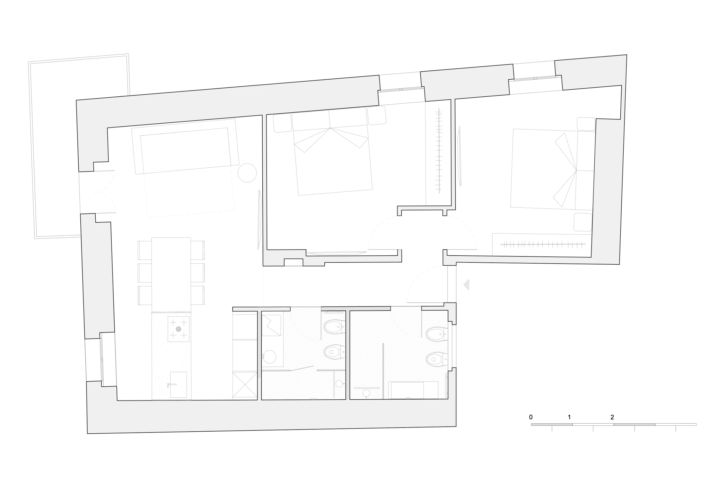 Casa Museo Romeo, two-bedroom — project plan showing the two bedrooms, two bathrooms and the kitchen and dining room